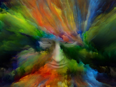 心雾系列。人脸3d 渲染与分形绘画的相互作用对内在世界梦想情感想象和创造性思维的主题