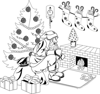圣诞老人坐在火炉旁