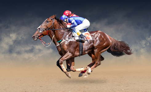 两匹赛马马颈部在激烈的比赛中的终点线照片