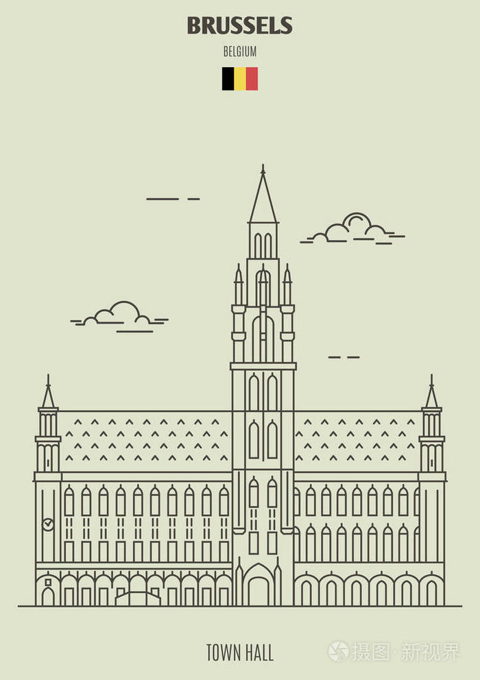 比利时布鲁塞尔的市政厅线形风格的地标图标