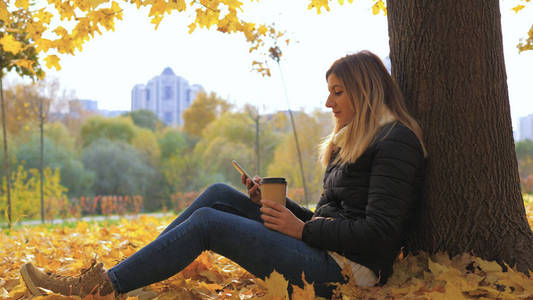 妇女坐在树附近在黄色秋天叶子, 使用应用和喝咖啡