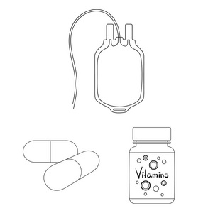 药物和治疗大纲图标集合中的设计。药品和设备矢量符号库存 web 插图