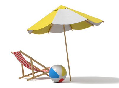 3d. 白色和黄色沙滩伞和木制甲板椅的渲染