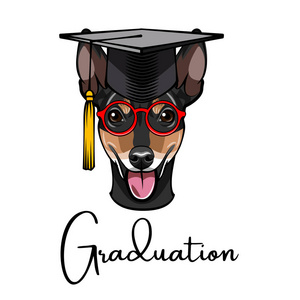 俄罗斯玩具梗毕业。毕业帽帽。毕业题词。狗肖像。向量