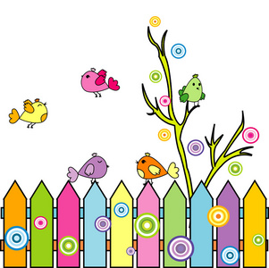 卡通鸟在栅栏上照片