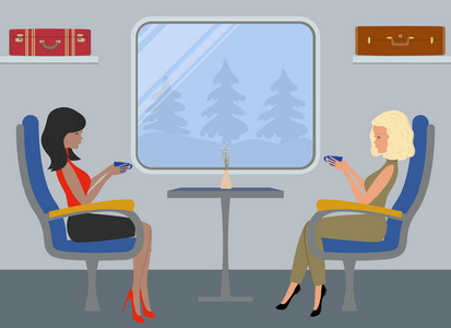 火车车厢里的乘客年轻的妇女坐在蓝色的扶手椅和喝咖啡的窗口背景。车厢内部。照片上的架子上有手提箱。矢量