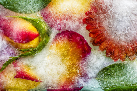 冷冻的玻璃上的冰花纹理收获苹果和束黄色鲜花在桌子上冷冻的玻璃上的