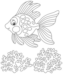 鱼友好的微笑和游泳超过珊瑚, 一个黑白矢量插图在滑稽的卡通风格的