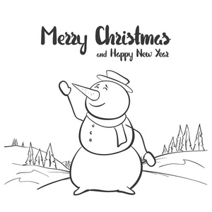 矢量插图 冬天手绘剪影与雪人在风景背景。圣诞快乐, 新年愉快