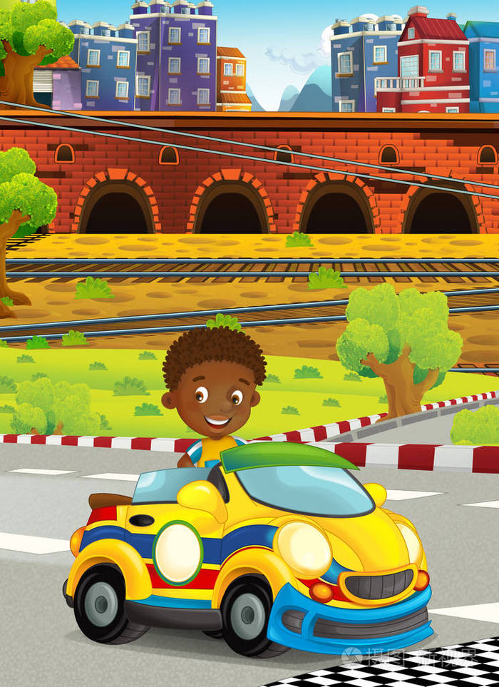 卡通滑稽和快乐看儿童男孩在赛车赛道-儿童插画