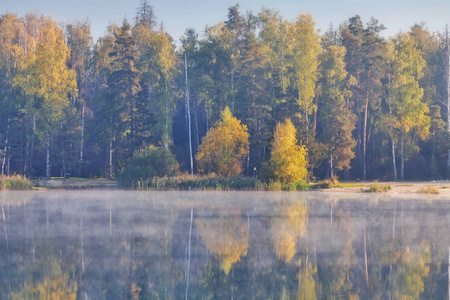 美丽的秋天秋天风景雾朦胧湖