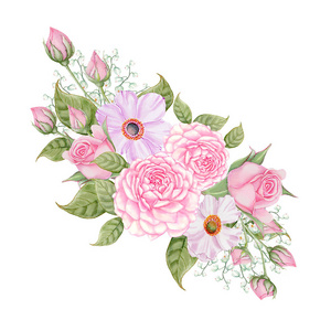 婚礼水彩花环和花束, 牡丹, 英国玫瑰花, Brunia, 手绘剪贴画, 花卉请柬, 贺卡, Diy