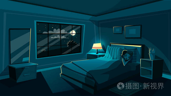 矢量可爱的年轻女子睡卧室晚上插画-正版商用图片080y5i-摄图新视界