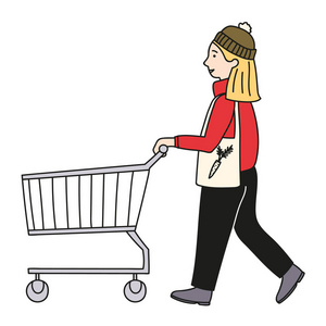 女孩去购物购物车.在白色查出的向量例证照片