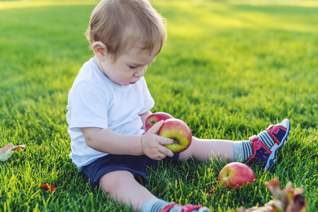 可爱的婴孩玩苹果在绿色草坪上的自然在一个晴朗的日子。一岁小孩的概念