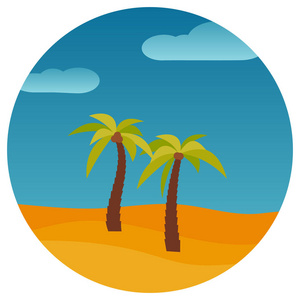动画片自然风景与二棕榈在沙漠在圈子。矢量图案