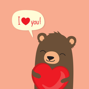 情人节贺卡与可爱的卡通熊抱着心, 说我爱你在言语泡沫照片