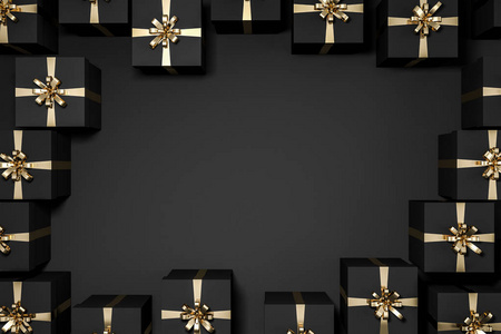 黑色房间的顶部视图, 黑色礼品盒与金色丝带站在其边界附近。营销和广告的概念。3d 渲染模拟