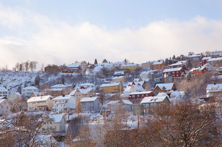 冬日里看来的房屋在挪威特隆赫姆市