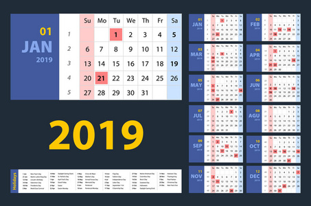 向量日历2019。蓝色设置。周从星期日开始。基本网格艺术