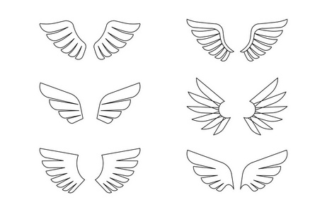 机翼轮廓图标集, 在白色背景上隔离翅膀黑色简单平面轮廓图标集鸟集