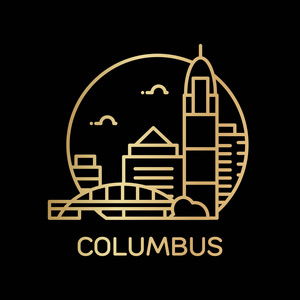 地平线城市剪影与摩天大楼和文本哥伦布在黑色背景下的图笔画设计