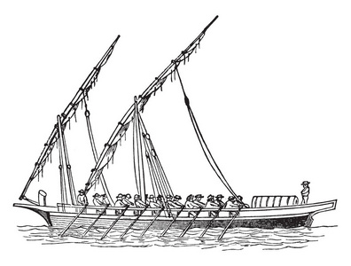 Felucca 是一艘帆船, 用于保护红海和地中海东部, 复古线画或雕刻插图