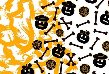万圣节背景南瓜, 骨头, 花和橙色画笔笔画。向量例证