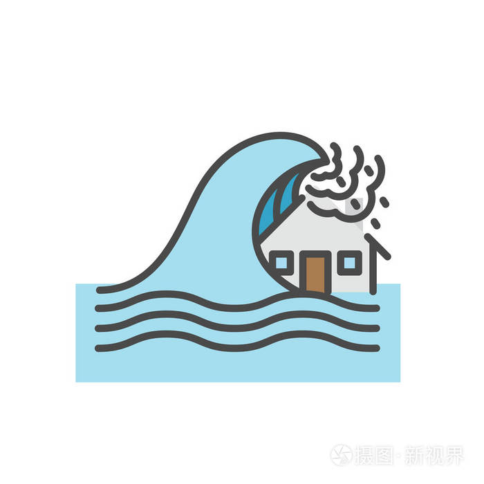 海啸,房屋洪水,自然灾害概念,向量平坦线