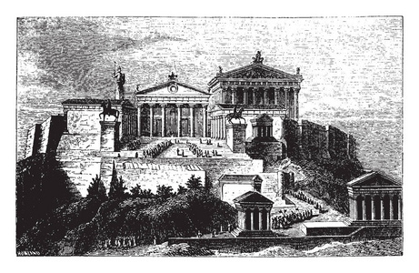 古建筑线条雅典卫城或古建筑, 著名的城堡, 岩石露头, 复古线条画或