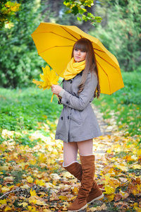 美丽的年轻女子是用一把雨伞秋天公园
