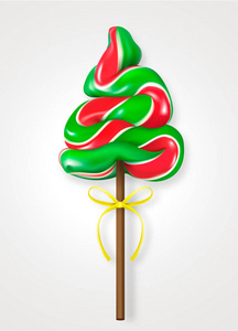 糖果糖在圣诞树的形状与黄色丝带。白色背景上的逼真向量图