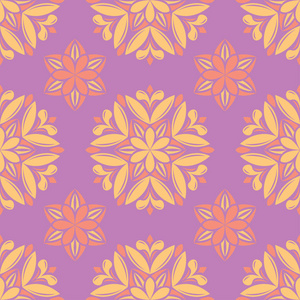 紫色花卉无缝背景。墙纸纺织品和织物的粉红色和黄色鲜艳图案
