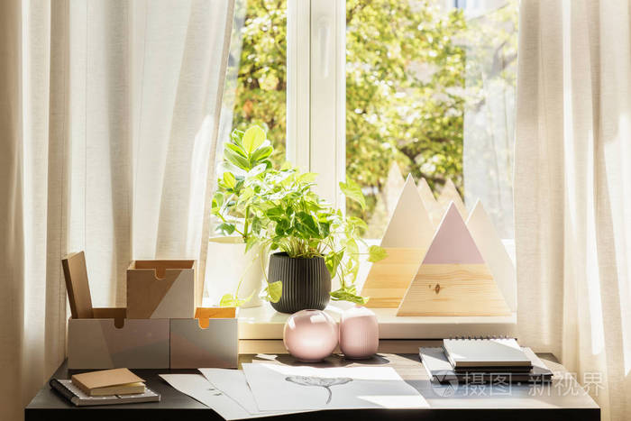 窗口窗台上的植物和三角形在明亮的工作空间内部与海报在书桌上.