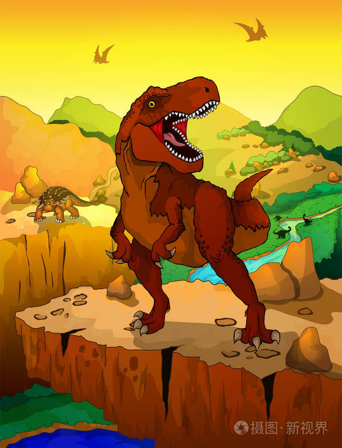 逗人喜爱的卡通暴龙以风景背景