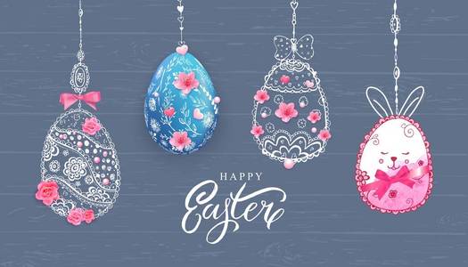愉快的复活节横幅与手画的花, 蛋在木头背景