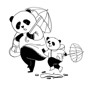 熊猫妈妈穿着粉红色的衣服去和他的小儿子散步。