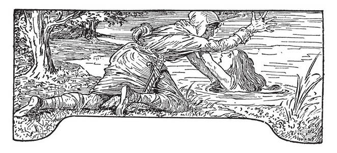 一个男人帮助女人从水中出来, 复古线画或雕刻插图