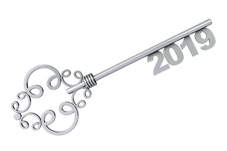 银色复古钥匙以2019年标志在白色背景。3d 渲染