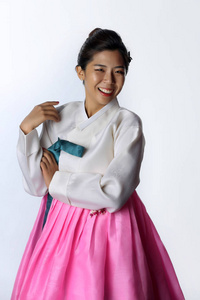 亚洲妇女身穿传统韩国韩白色 backgr