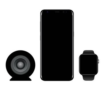 品牌手机黑色智能手机与 smartwatch 和扬声器矢量 eps 10