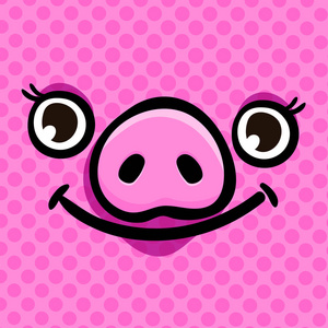 猪是2019年新年的象征。愉快的笑脸猪脸上粉红色背景的流行艺术风格。向量例证