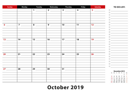 2019年10月每月桌面垫日历周从星期日开始, 大小 A3。2019年10月日历计划与要做的清单和地方的笔记