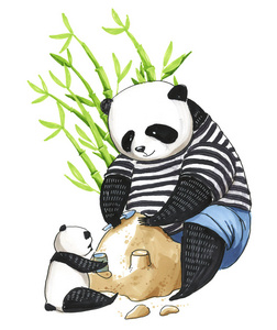 家庭卡通人物图标标志蜂蜜插图符号涂鸦母亲和婴儿的熊猫熊猫父亲黑白