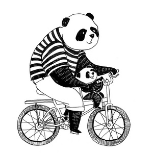 熊猫父亲在黑白相间的 t恤自行车自行车与