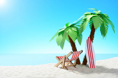 暑假的概念。美丽的沙滩景观与棕榈树和假日配件