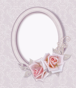 椭圆形的镜框。娇嫩的粉红色玫瑰花组成, 白色的叶子与元素的佩斯利, 花边卷发, 珍珠弯曲