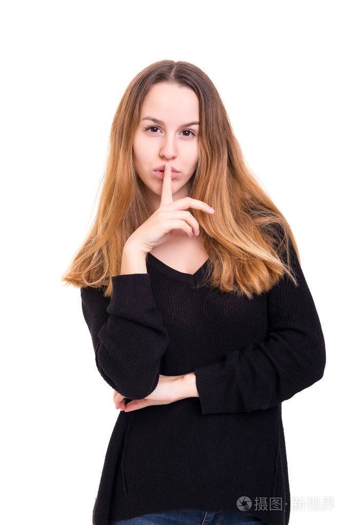 美丽的年轻女人要求沉默孤立的白色背景