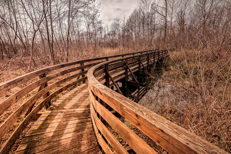 自然徒步旅行的木制行人天桥