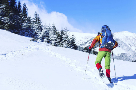 滑雪鞋沃克在美丽的日出光粉雪中运行。冬季户外活动和健康的生活方式